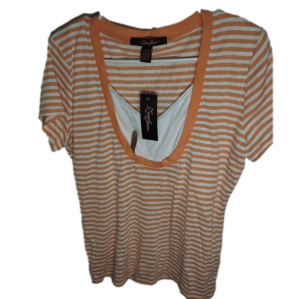 NWT Womens XL Lena Jeans Layered T-shirt Short Sleeve Orange Striped